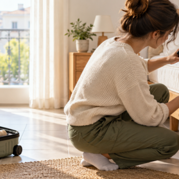 Femme inspectant les coutures d'un matelas avec une lampe et une loupe, valise ouverte au sol après un voyage.